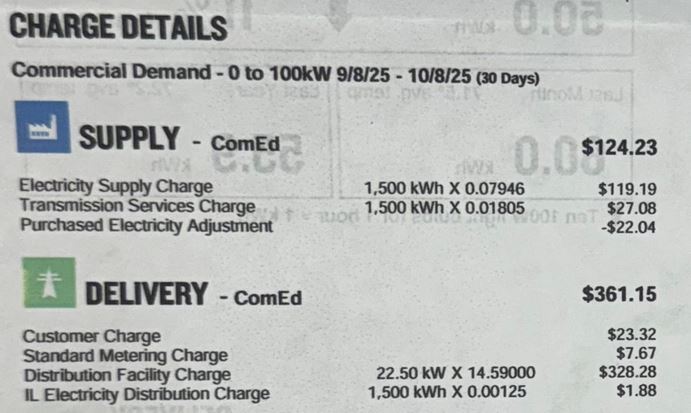 ComEd commercial electricity bill showing peak demand charge calculation
