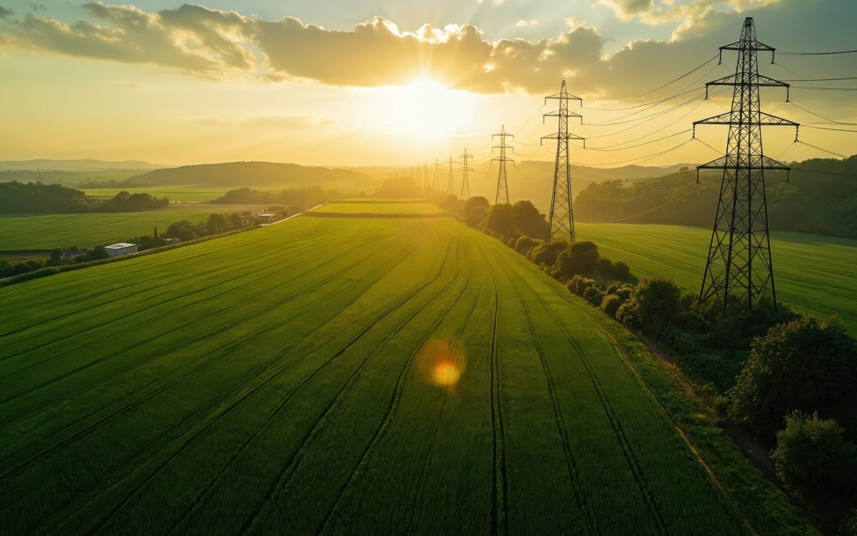 Aerial view of green farmland with power lines, wide agricultural fields, energy infrastructure rich rural landscape under sunlight. High voltage transmission towers stand in cultivated land. Green